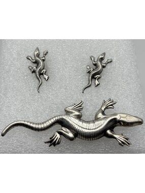 Vintage Lang Sterling Silver Gecko Lizard Brooch and Screw Back Earrings Set